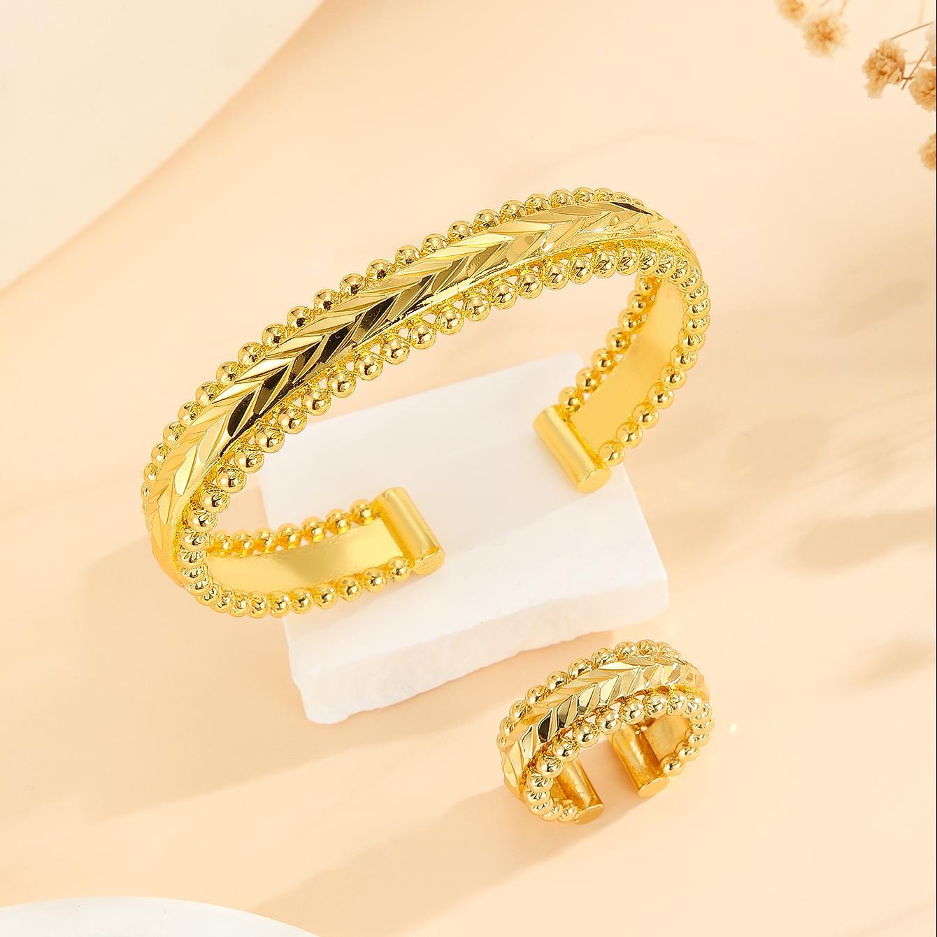 2pcs Vintage Gold Plated Bracelet, Open Bracelet Ring Jewelry, Women's Festival Wedding Jewelry Set - URBAN METRO