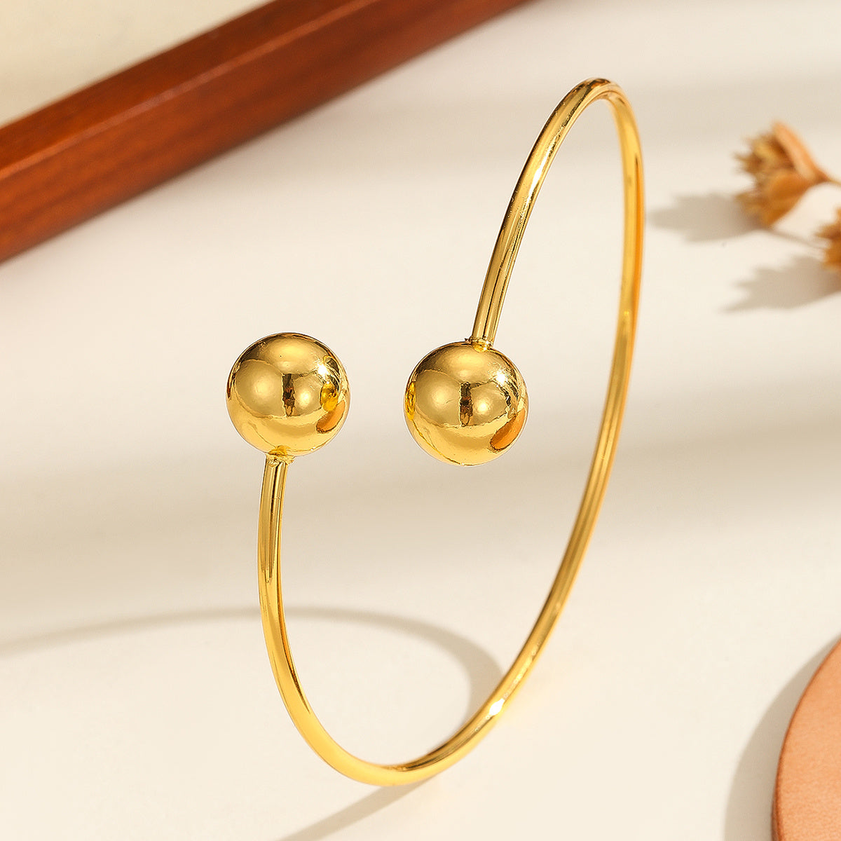 1pcs Copper Plated 18k Gold Double Headed Bead Opening Bracelet, With A Simple Temperament For Women, Suitable For Gatherings, Gifts, And Daily Wear - URBAN METRO