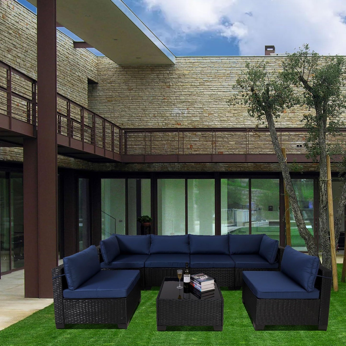 7 Pieces Outdoor Rattan Patio Sectional Set, Black Wicker Furniture Conversation Sets With Washable Cushions & Glass Coffee Table For Garden, Poolside, Backyard - URBAN METRO