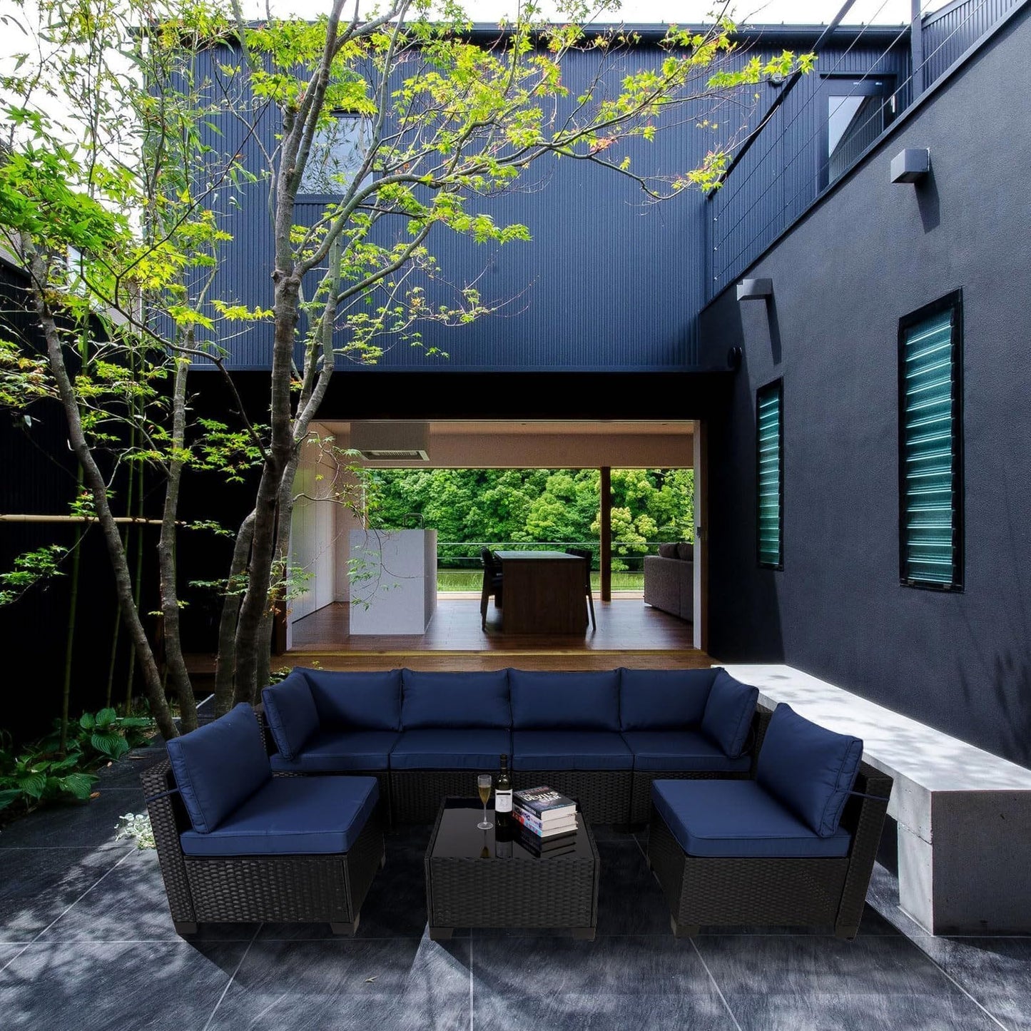 7 Pieces Outdoor Rattan Patio Sectional Set, Black Wicker Furniture Conversation Sets With Washable Cushions & Glass Coffee Table For Garden, Poolside, Backyard - URBAN METRO