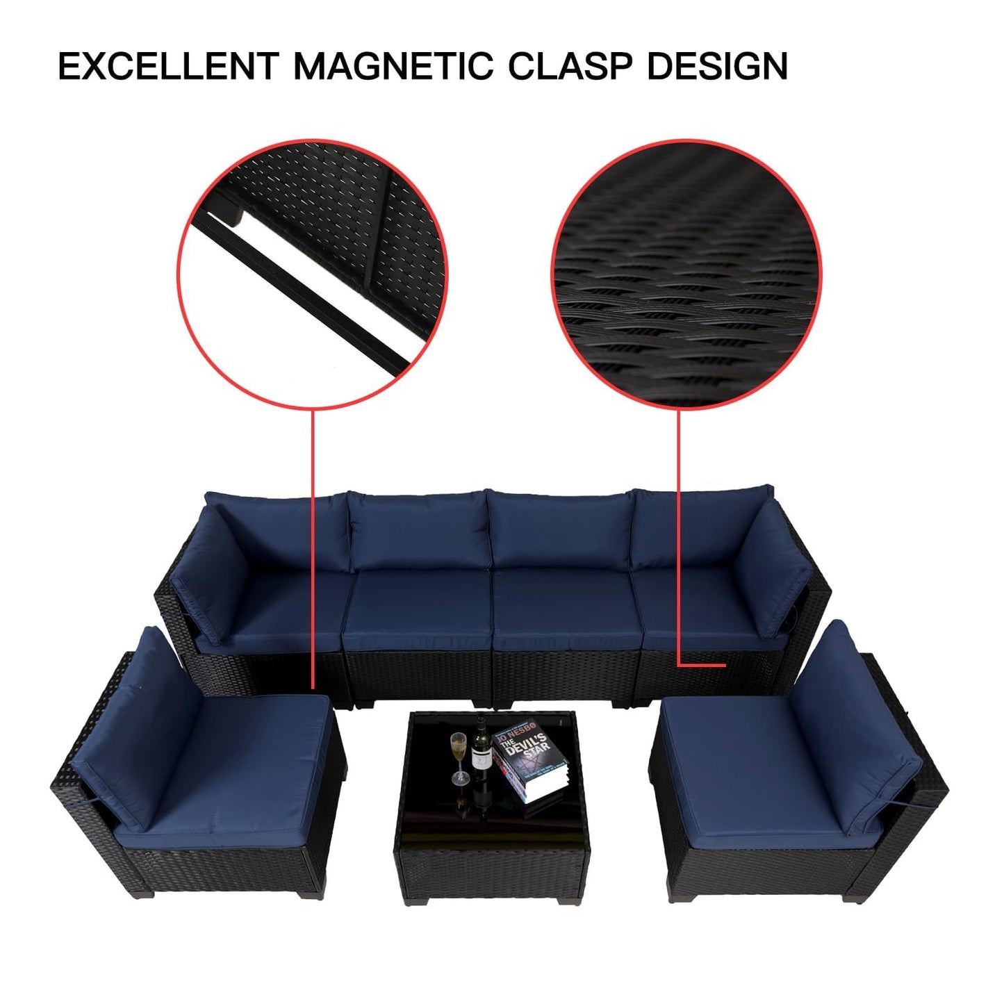 7 Pieces Outdoor Rattan Patio Sectional Set, Black Wicker Furniture Conversation Sets With Washable Cushions & Glass Coffee Table For Garden, Poolside, Backyard - URBAN METRO
