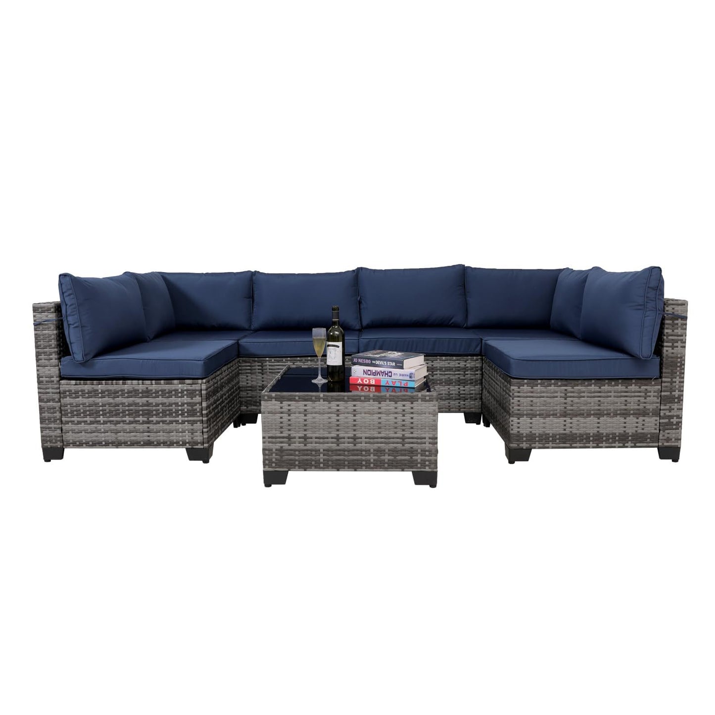 7 Pieces Outdoor Rattan Patio Sectional Set, Black Wicker Furniture Conversation Sets With Washable Cushions & Glass Coffee Table For Garden, Poolside, Backyard - URBAN METRO