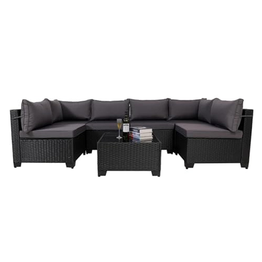 7 Pieces Outdoor Rattan Patio Sectional Set, Black Wicker Furniture Conversation Sets With Washable Cushions & Glass Coffee Table For Garden, Poolside, Backyard - URBAN METRO