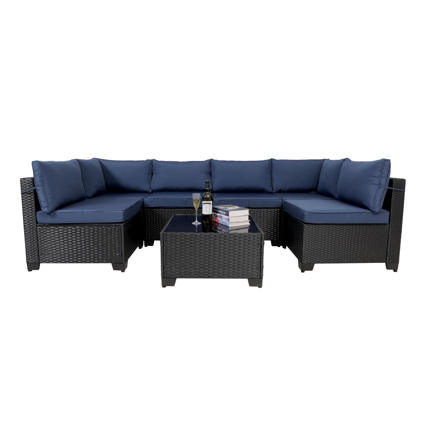 7 Pieces Outdoor Rattan Patio Sectional Set, Black Wicker Furniture Conversation Sets With Washable Cushions & Glass Coffee Table For Garden, Poolside, Backyard - URBAN METRO