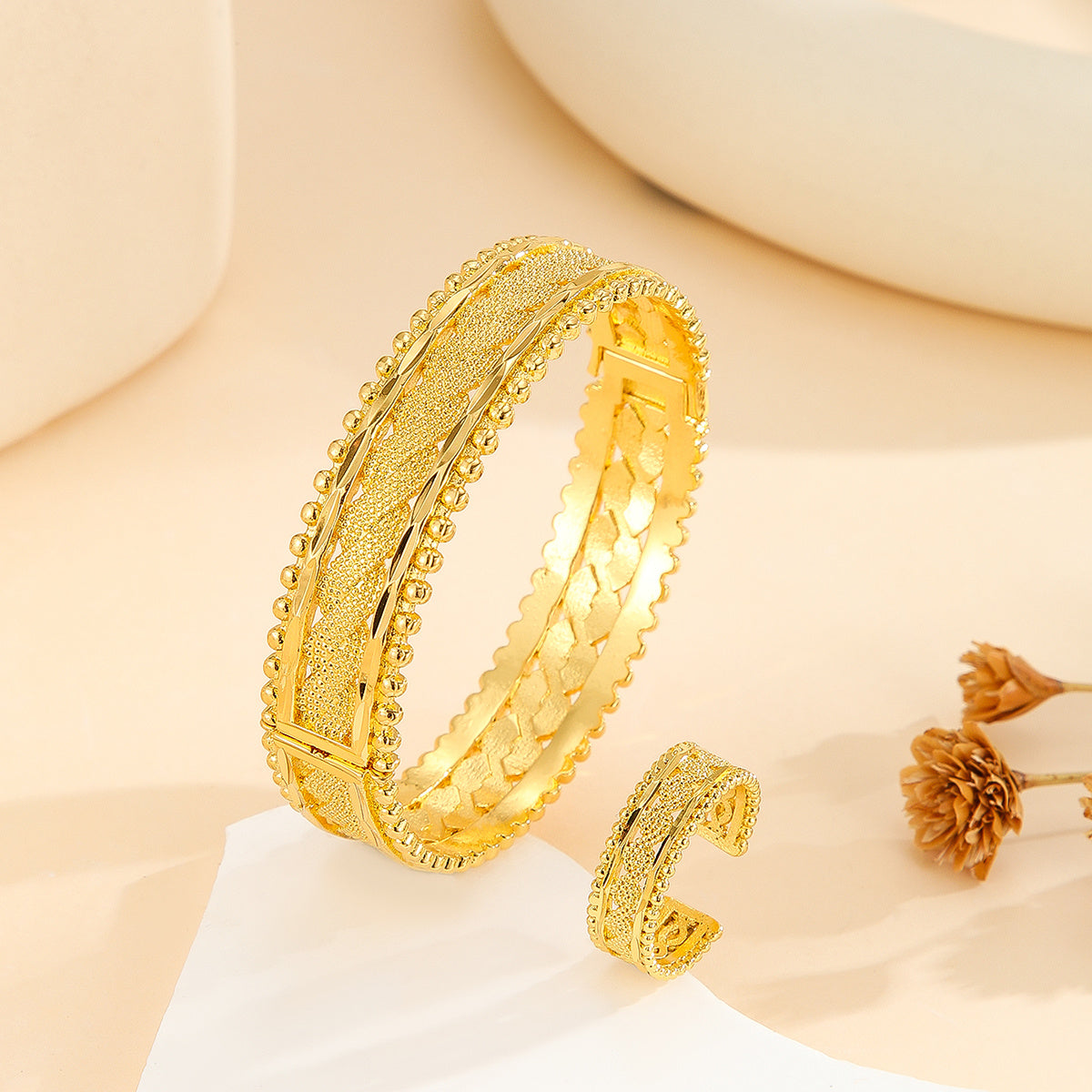 2pcs Vintage Gold Plated Bracelet, Open Bracelet Ring Jewelry, Women's Festival Wedding Jewelry Set - URBAN METRO