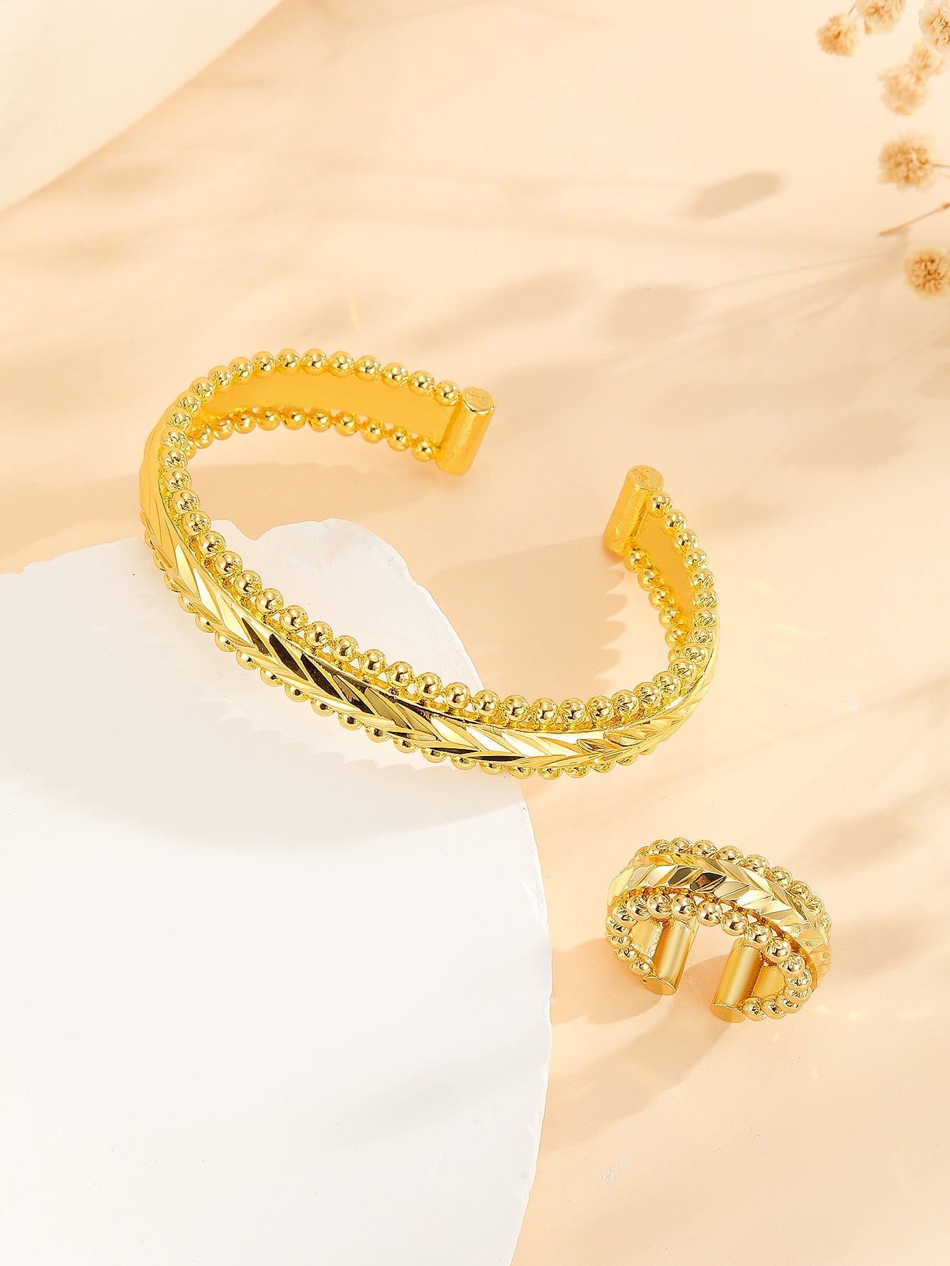 2pcs Vintage Gold Plated Bracelet, Open Bracelet Ring Jewelry, Women's Festival Wedding Jewelry Set - URBAN METRO