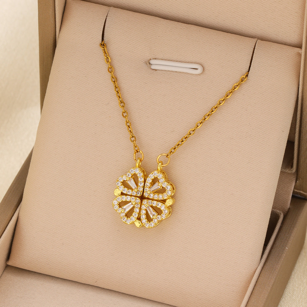 1pcs Fashionable Zircon Heart-shaped Necklace With A Magnetic Folding Four Leaf Heart-shaped Connection, Suitable For Women's Daily Wear And Jewelry Pairing For Dinner Parties - URBAN METRO