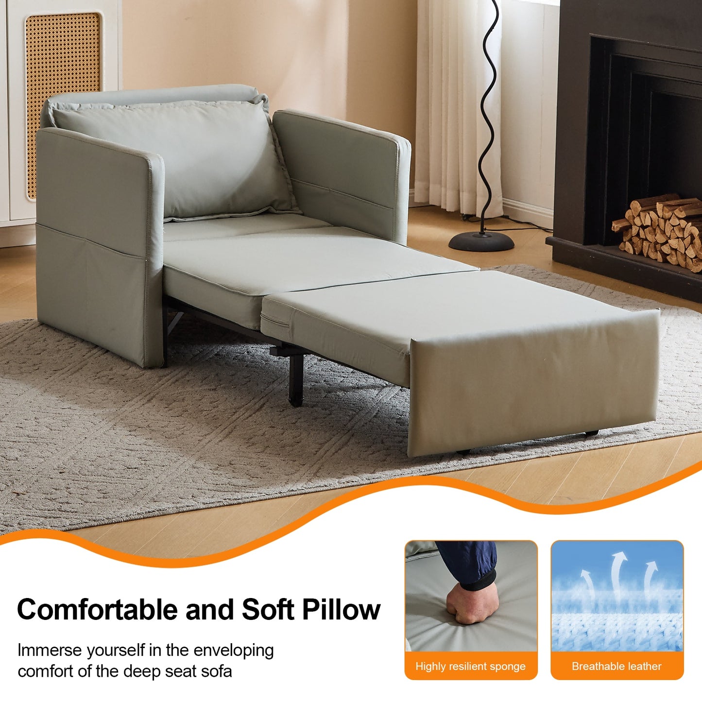 Adult Sleeper Chair Bed, 3-in-1 Convertible Sofa Chair Bed Pull-out Sofa Bed, Convenient Folding Tray Table With USB And Type-C Charging Ports For Living Room - URBAN METRO