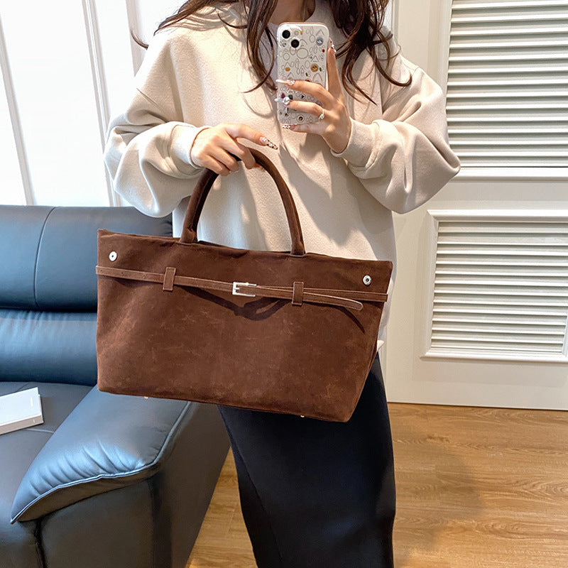 Decorative Design Solid Faux Suede Handbag Large Capacity Casual Tote Bags For Women Tote Design Portable Shoulder Bag - URBAN METRO
