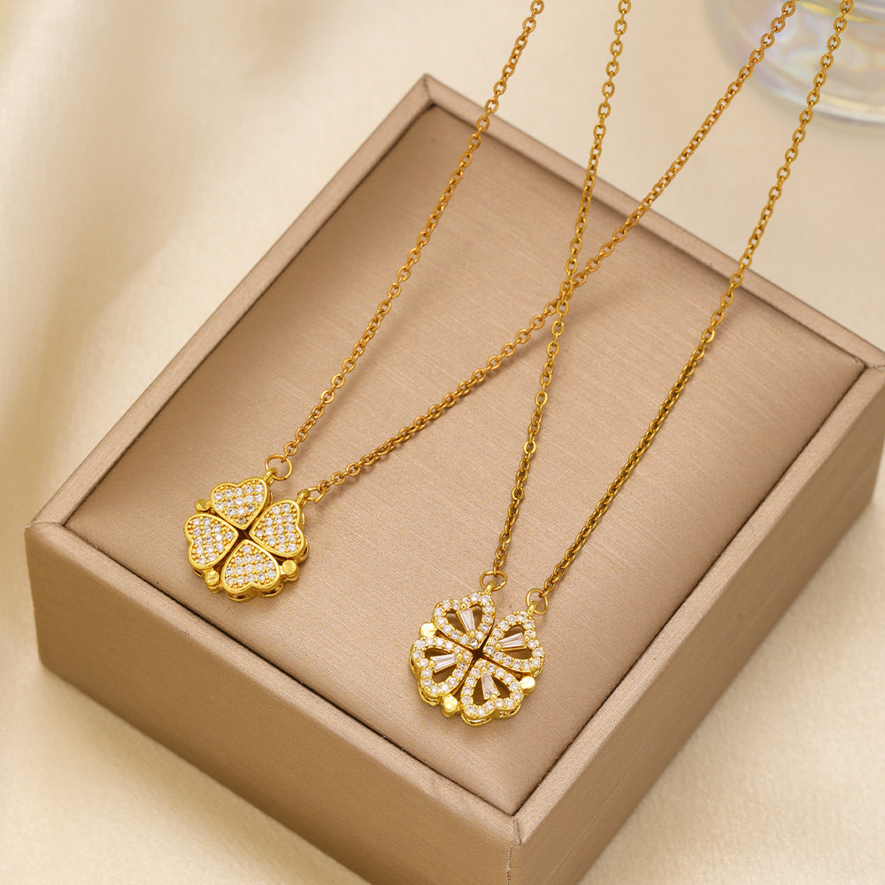 1pcs Fashionable Zircon Heart-shaped Necklace With A Magnetic Folding Four Leaf Heart-shaped Connection, Suitable For Women's Daily Wear And Jewelry Pairing For Dinner Parties - URBAN METRO