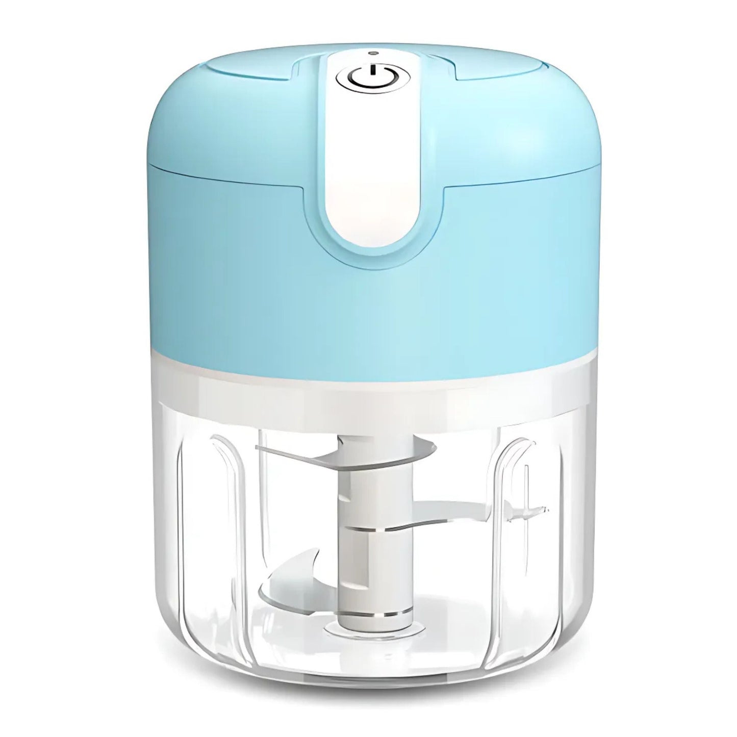 Small blue and white handheld food chopper on a white background