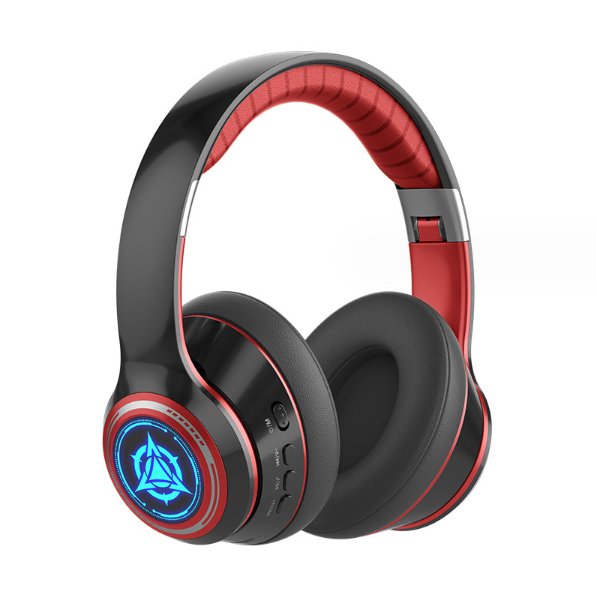 Black and red gaming headset with blue logo on a white background