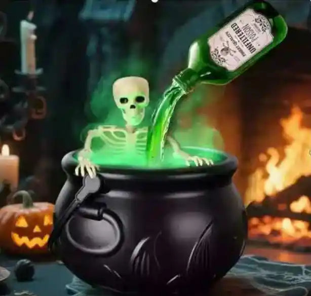 Halloween-themed scene with a skeleton in a cauldron, green liquid, and pumpkins.