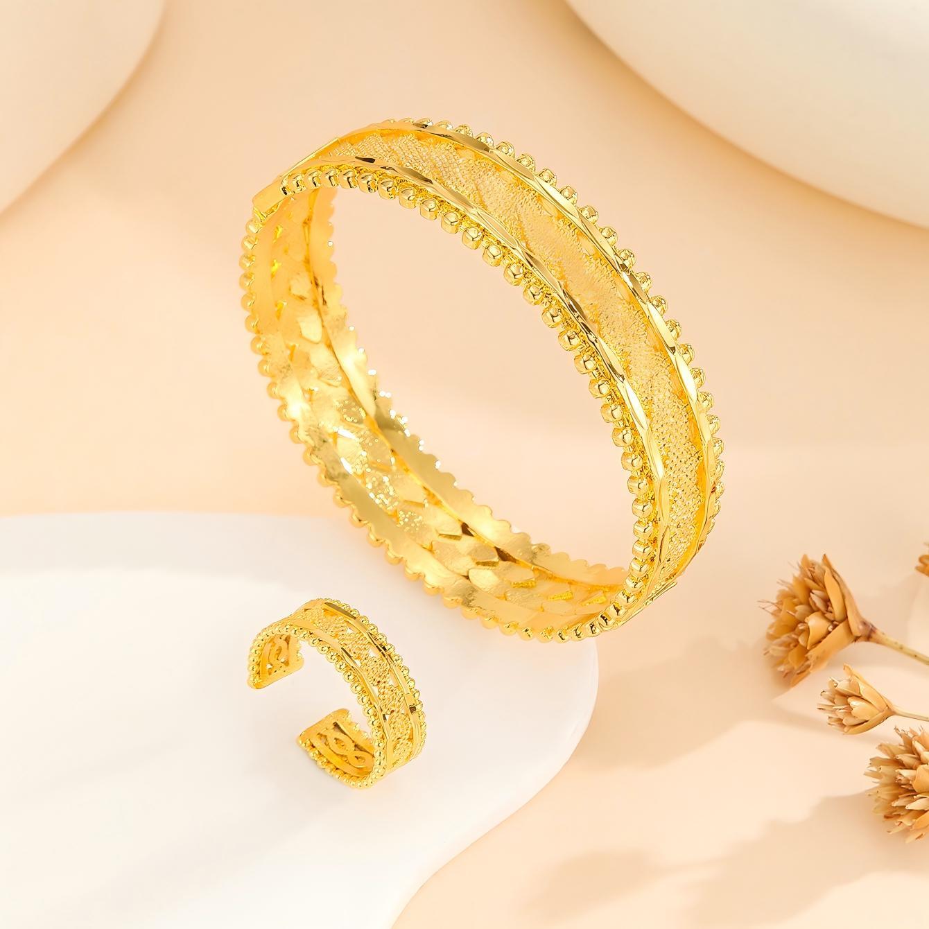 2pcs Vintage Gold Plated Bracelet, Open Bracelet Ring Jewelry, Women's Festival Wedding Jewelry Set - URBAN METRO