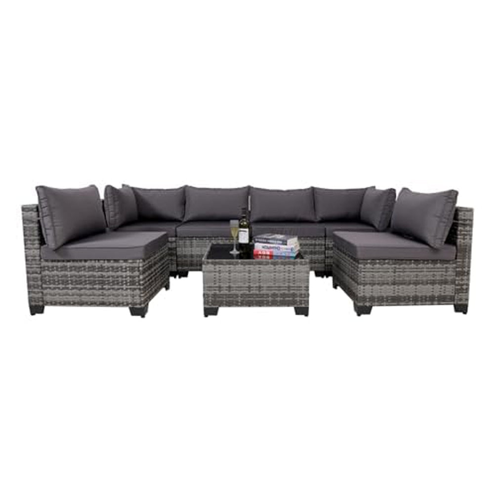 7 Pieces Outdoor Rattan Patio Sectional Set, Black Wicker Furniture Conversation Sets With Washable Cushions & Glass Coffee Table For Garden, Poolside, Backyard - URBAN METRO