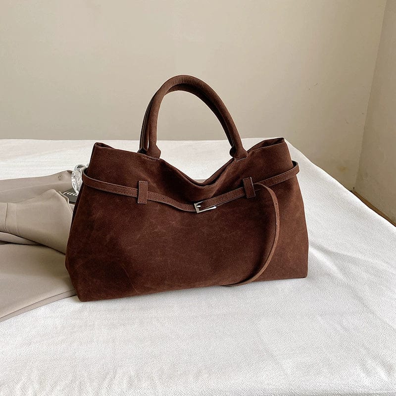 Decorative Design Solid Faux Suede Handbag Large Capacity Casual Tote Bags For Women Tote Design Portable Shoulder Bag - URBAN METRO