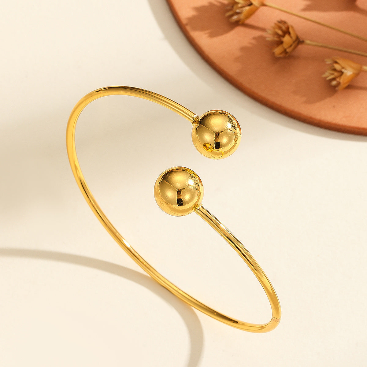 1pcs Copper Plated 18k Gold Double Headed Bead Opening Bracelet, With A Simple Temperament For Women, Suitable For Gatherings, Gifts, And Daily Wear - URBAN METRO