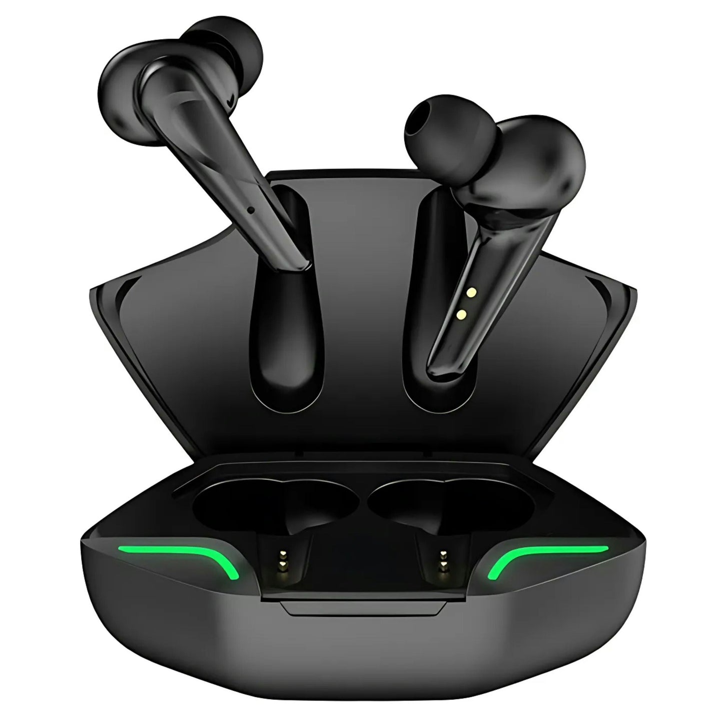Black wireless earbuds with charging case on a white background
