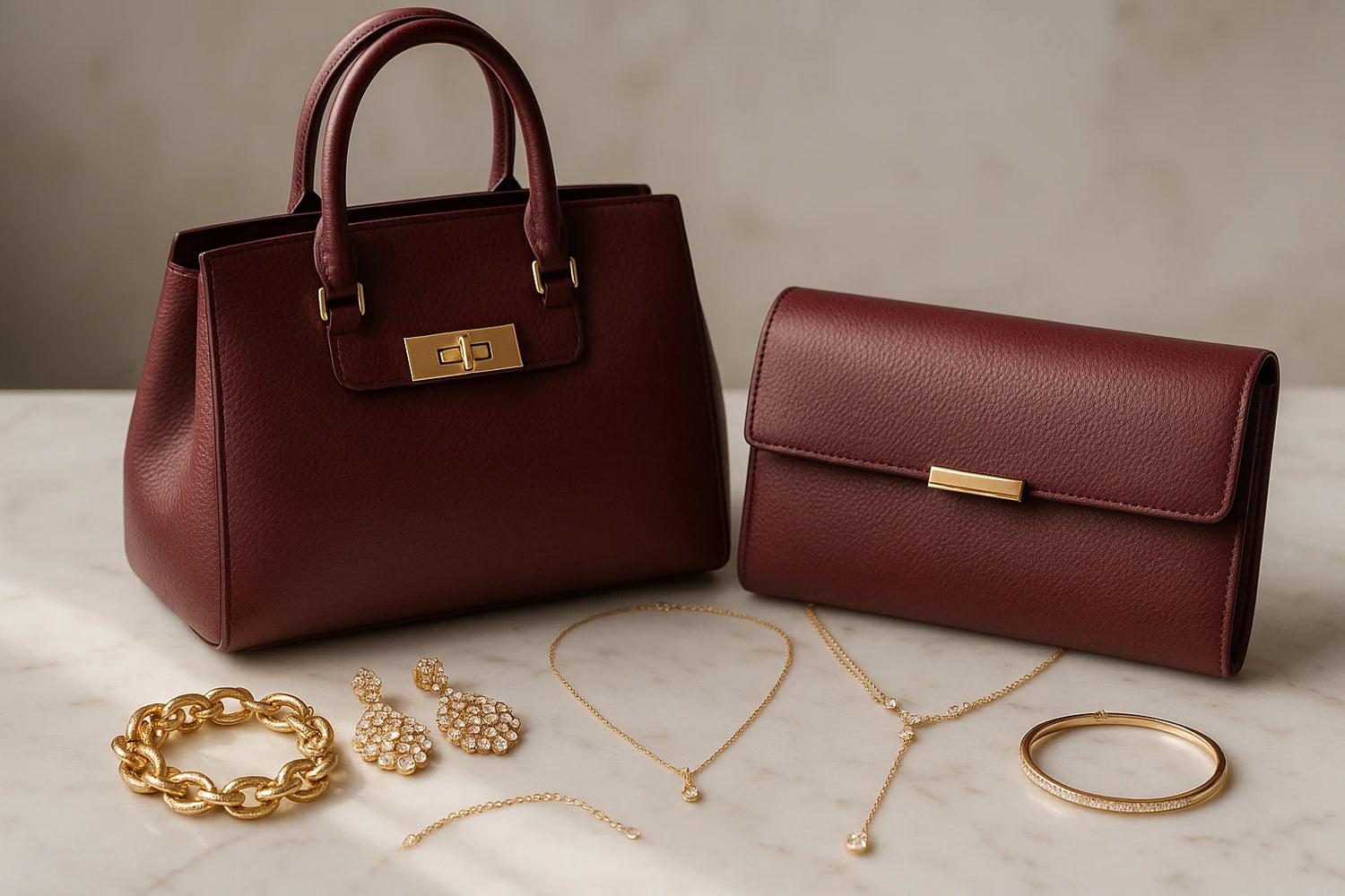 Gold-plated necklace – Urban Metro jewellery”  “Elegant ladies’ clutch handbag”  “Stylish women’s bracelets & rings