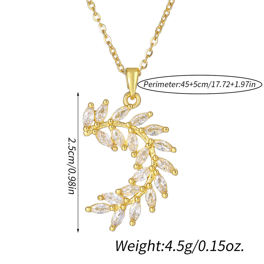 1pcsFashionable Sparkling Zircon Leaf Pendant Necklace, Imitation Diamond Wheat Ear Leaf Collarbone Chain, Suitable For Women's Daily Holiday Wear, Engagement Jewelry - URBAN METRO