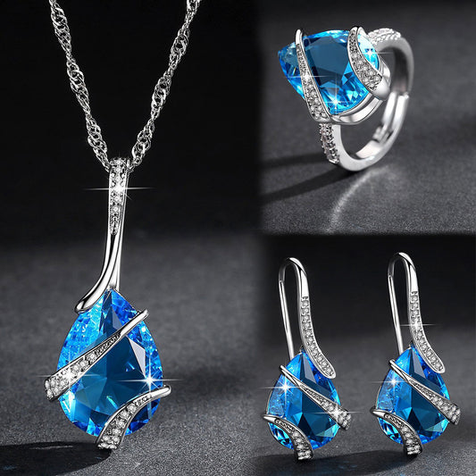 Three-piece Set Colored Gems Set Rings Necklace Earrings - URBAN METRO