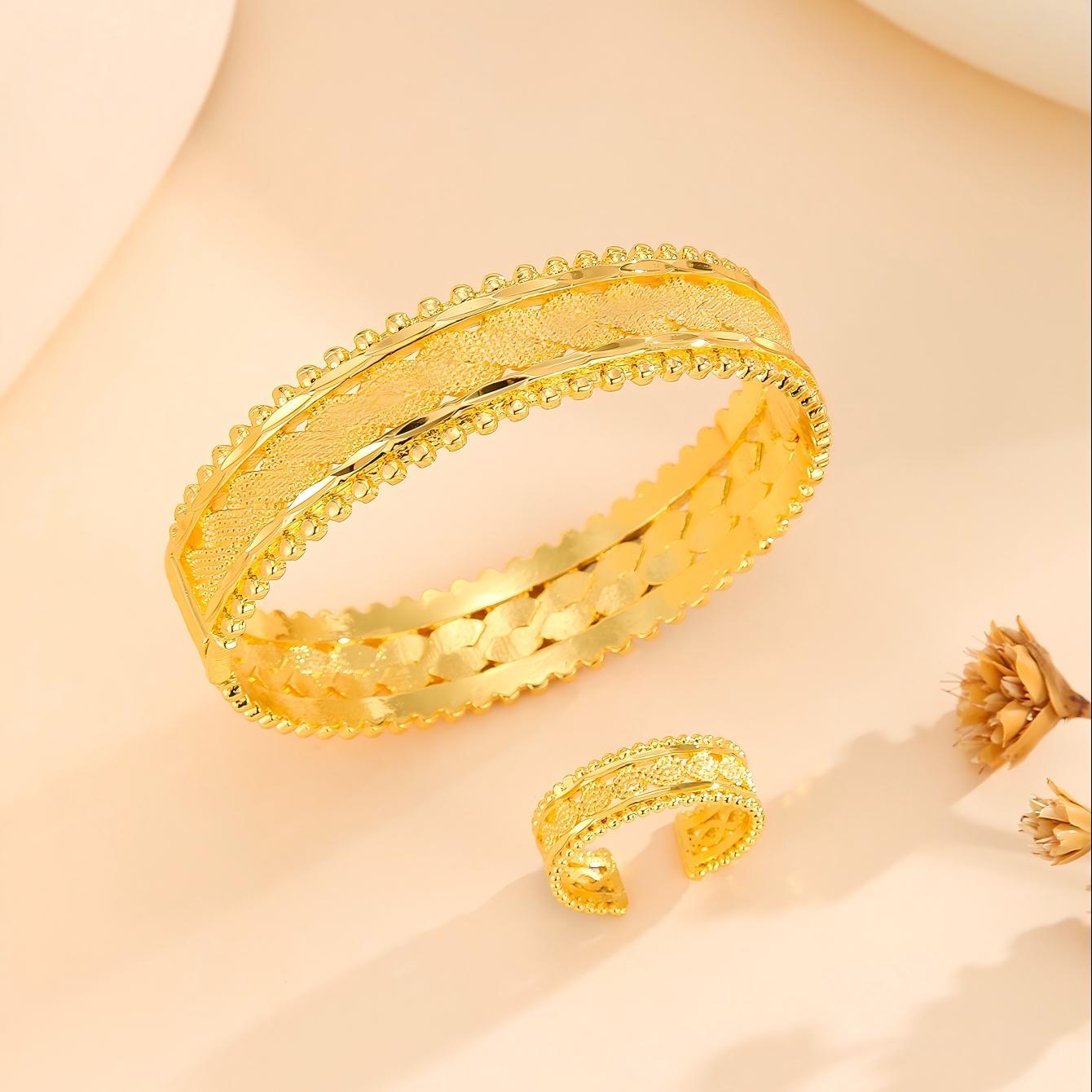 2pcs Vintage Gold Plated Bracelet, Open Bracelet Ring Jewelry, Women's Festival Wedding Jewelry Set - URBAN METRO