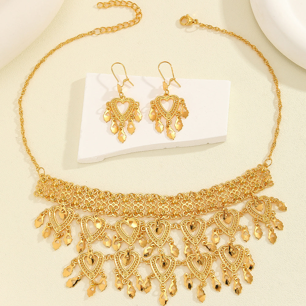 3pcs Fashionable Retro Luxury Heart-shaped Hollow Necklace Earrings Women's Set, Suitable For Party And Dance Gifts, Daily Wear - URBAN METRO
