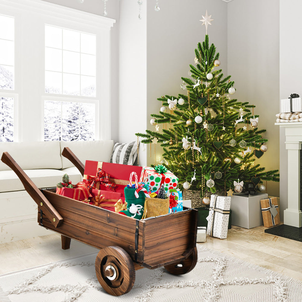 Wooden Wagon Planter Box With Wheels Handles And Drainage Hole - URBAN METRO