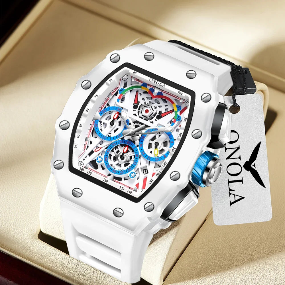 Luxury Watch Men'S ONOLA Fashion Casual Multifunctional Silicone Tape Waterproof Quartz Watch White
