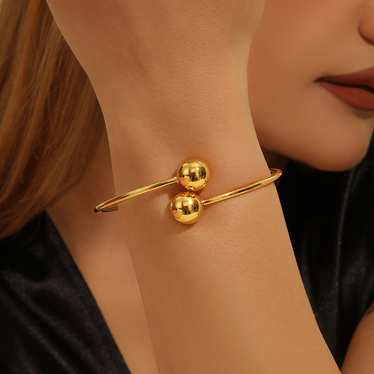 1pcs Copper Plated 18k Gold Double Headed Bead Opening Bracelet, With A Simple Temperament For Women, Suitable For Gatherings, Gifts, And Daily Wear - URBAN METRO