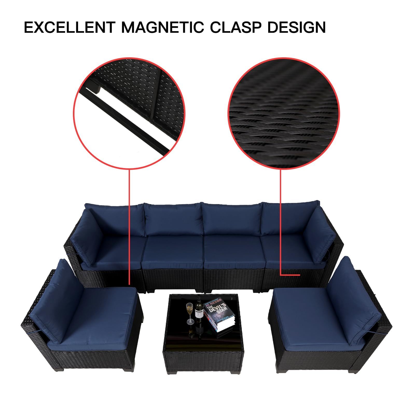 7 Pieces Outdoor Rattan Patio Sectional Set, Black Wicker Furniture Conversation Sets With Washable Cushions & Glass Coffee Table For Garden, Poolside, Backyard - URBAN METRO