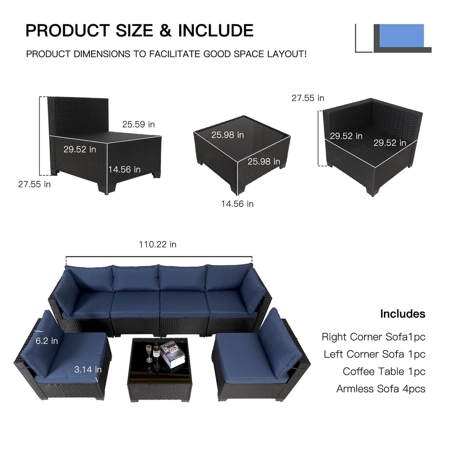 7 Pieces Outdoor Rattan Patio Sectional Set, Black Wicker Furniture Conversation Sets With Washable Cushions & Glass Coffee Table For Garden, Poolside, Backyard - URBAN METRO