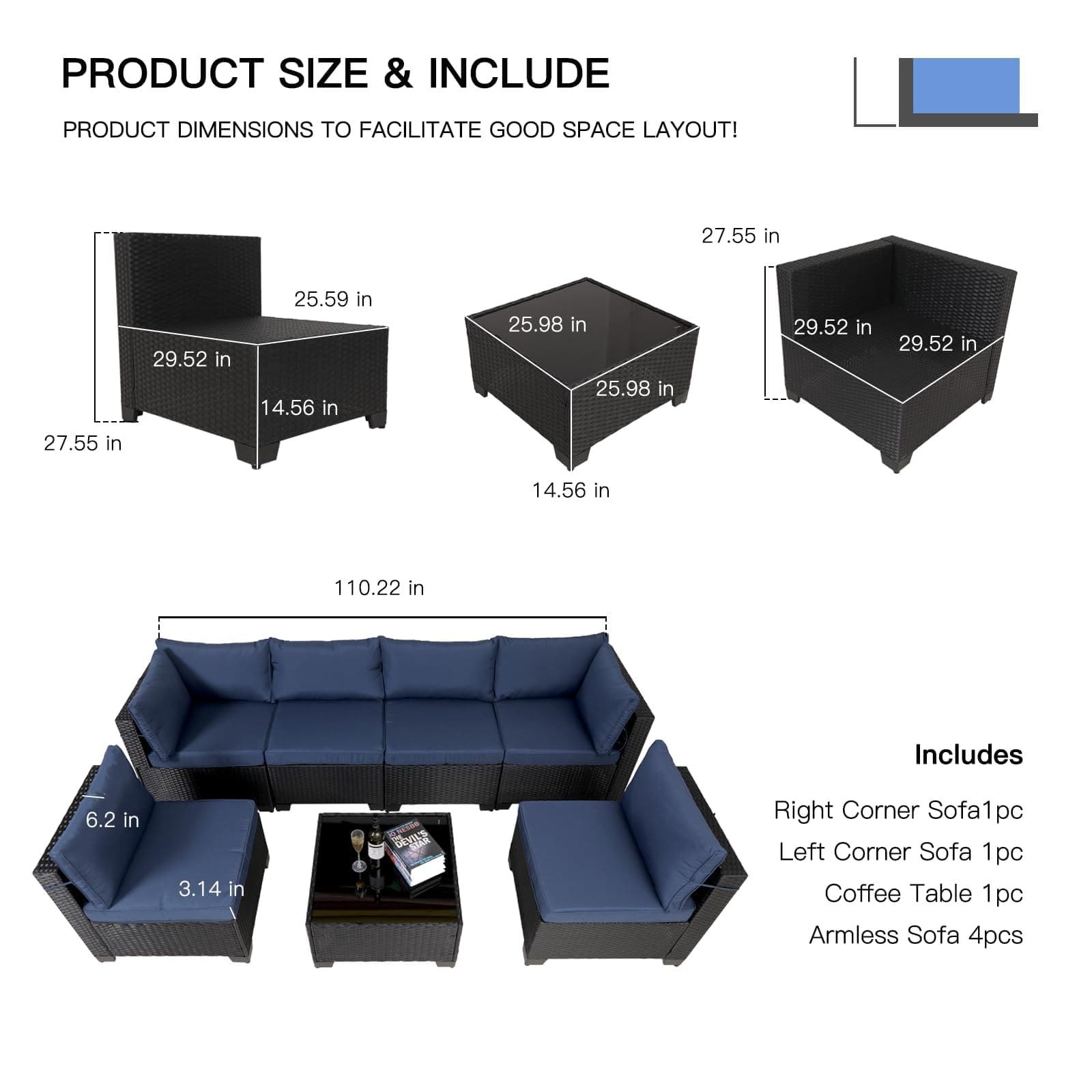7 Pieces Outdoor Rattan Patio Sectional Set, Black Wicker Furniture Conversation Sets With Washable Cushions & Glass Coffee Table For Garden, Poolside, Backyard - URBAN METRO