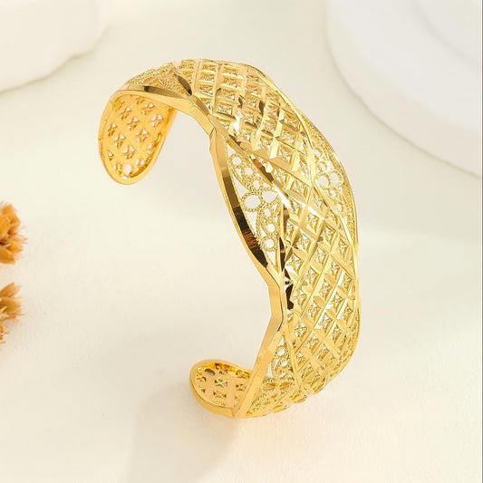 1pcs Fashion Copper Plated 18K Gold Diamond Pattern Bracelet, Fried Dough Twists Rope Open Bracelet - URBAN METRO