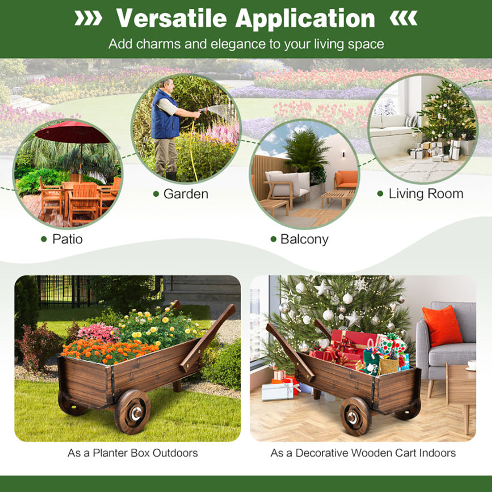 Wooden Wagon Planter Box With Wheels Handles And Drainage Hole - URBAN METRO