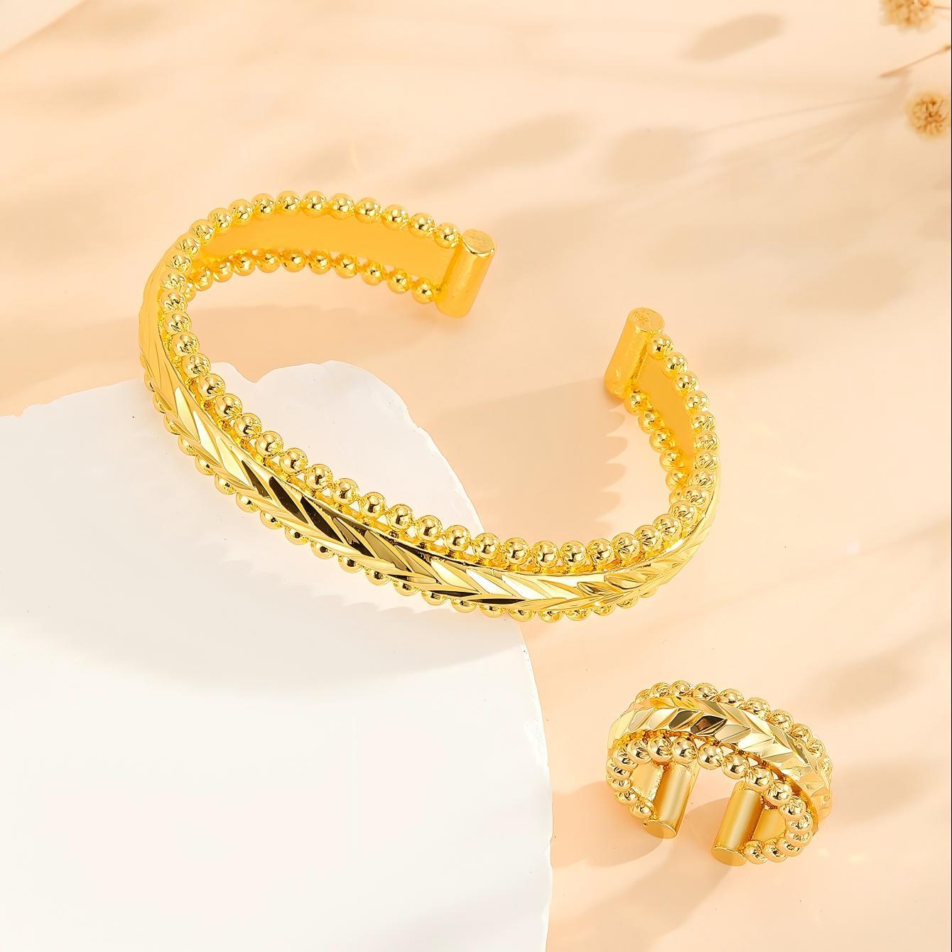 2pcs Vintage Gold Plated Bracelet, Open Bracelet Ring Jewelry, Women's Festival Wedding Jewelry Set - URBAN METRO