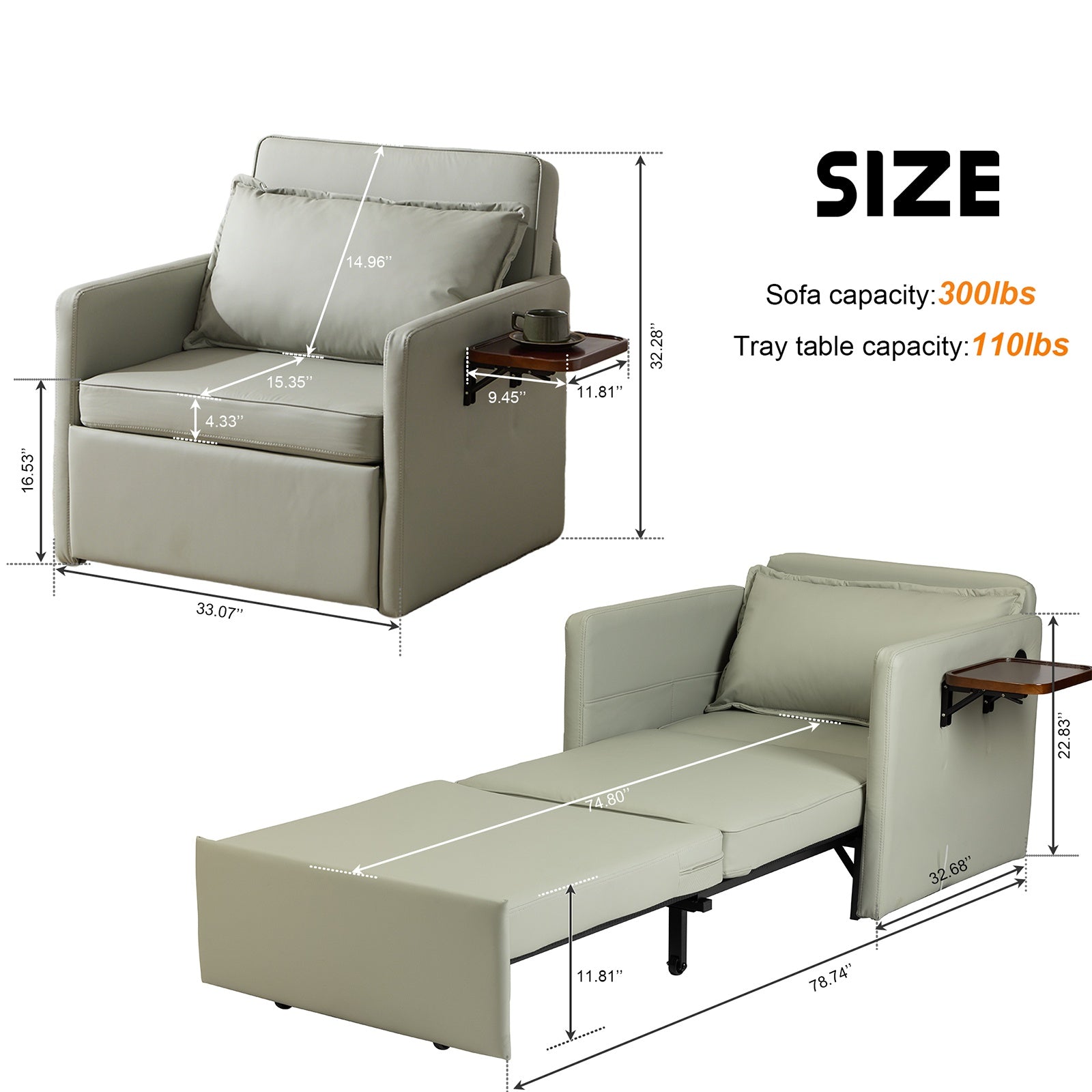 Adult Sleeper Chair Bed, 3-in-1 Convertible Sofa Chair Bed Pull-out Sofa Bed, Convenient Folding Tray Table With USB And Type-C Charging Ports For Living Room - URBAN METRO