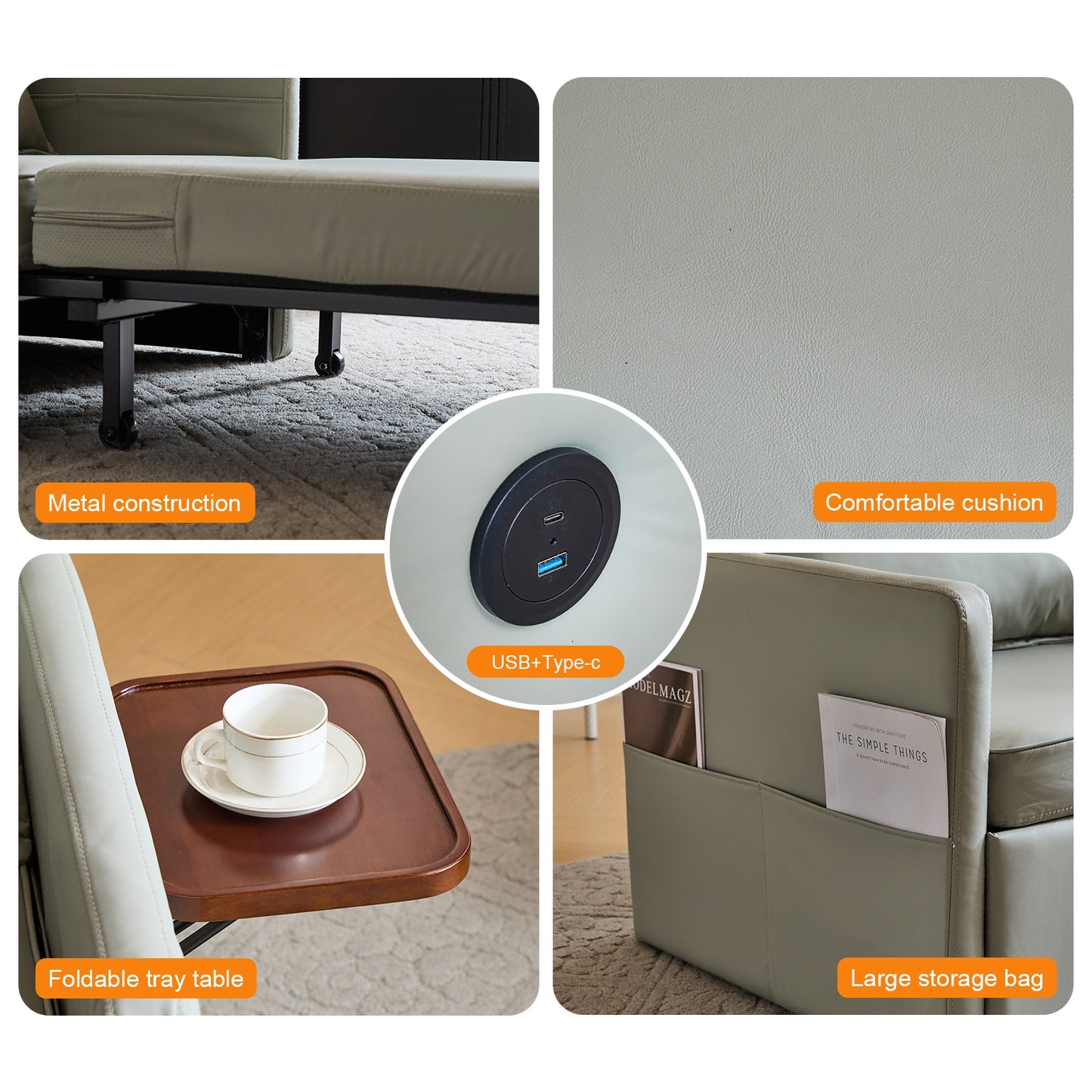 Adult Sleeper Chair Bed, 3-in-1 Convertible Sofa Chair Bed Pull-out Sofa Bed, Convenient Folding Tray Table With USB And Type-C Charging Ports For Living Room - URBAN METRO