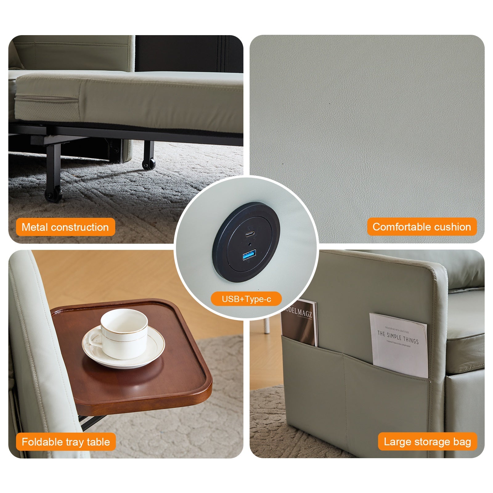 Adult Sleeper Chair Bed, 3-in-1 Convertible Sofa Chair Bed Pull-out Sofa Bed, Convenient Folding Tray Table With USB And Type-C Charging Ports For Living Room - URBAN METRO