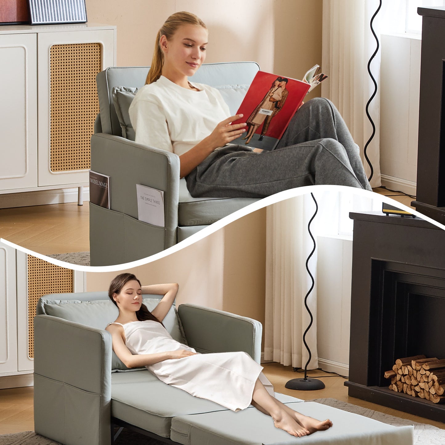 Adult Sleeper Chair Bed, 3-in-1 Convertible Sofa Chair Bed Pull-out Sofa Bed, Convenient Folding Tray Table With USB And Type-C Charging Ports For Living Room - URBAN METRO