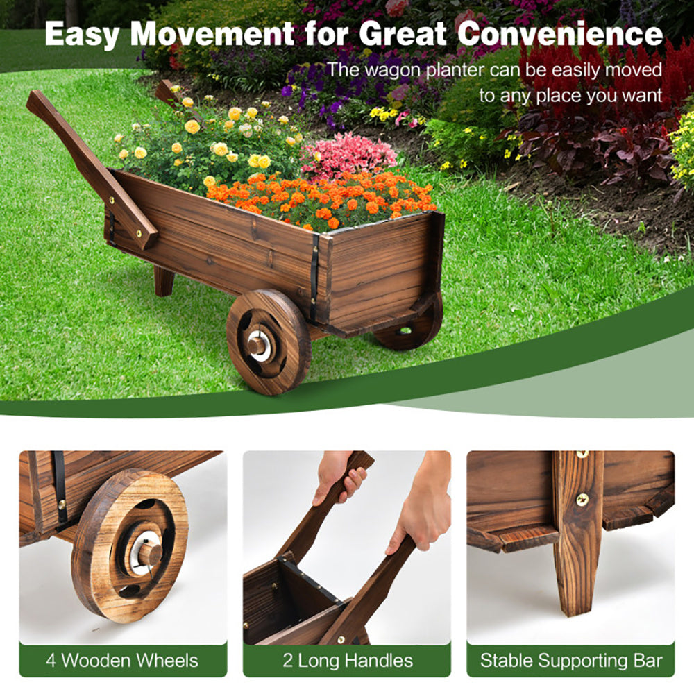 Wooden Wagon Planter Box With Wheels Handles And Drainage Hole - URBAN METRO