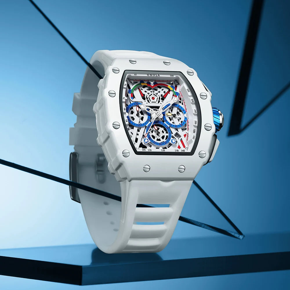 Luxury Watch Men'S ONOLA Fashion Casual Multifunctional Silicone Tape Waterproof Quartz Watch White