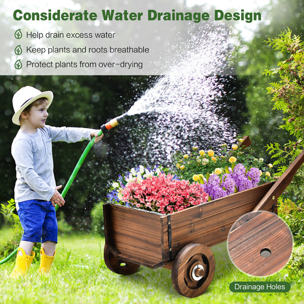 Wooden Wagon Planter Box With Wheels Handles And Drainage Hole - URBAN METRO