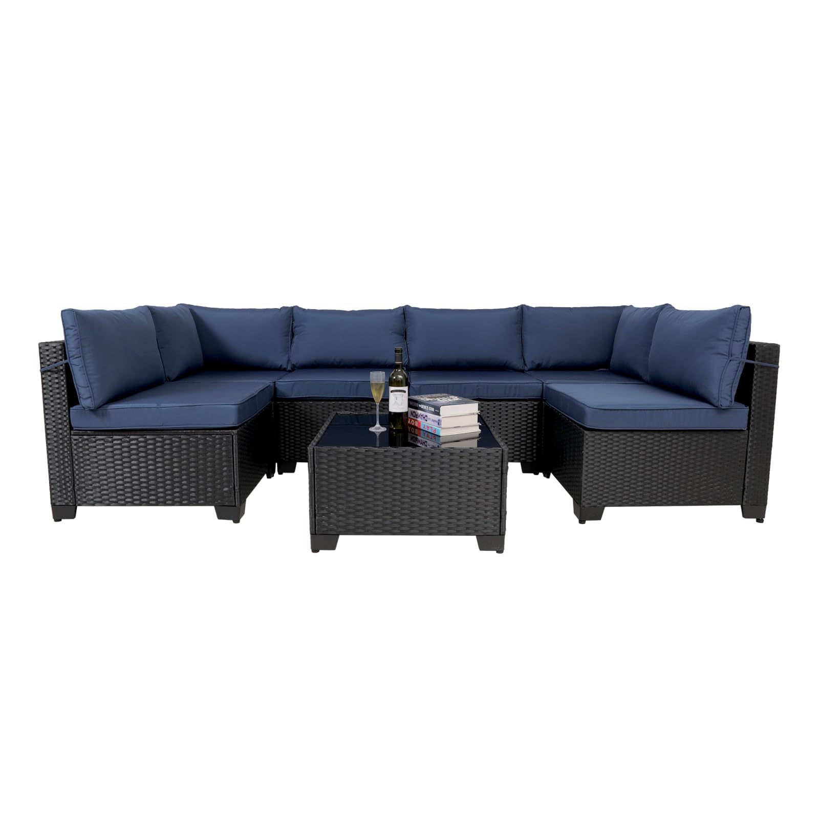 7 Pieces Outdoor Rattan Patio Sectional Set, Black Wicker Furniture Conversation Sets With Washable Cushions & Glass Coffee Table For Garden, Poolside, Backyard - URBAN METRO