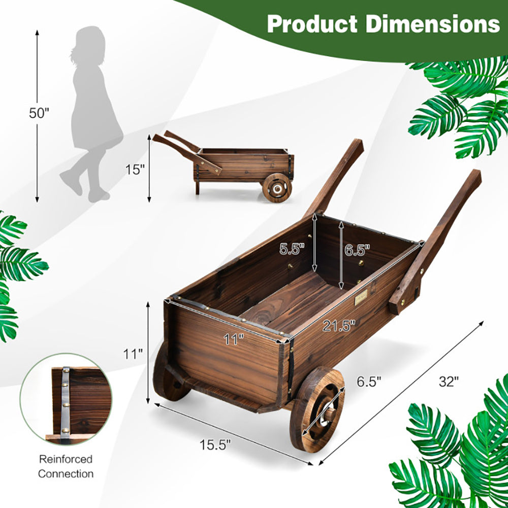 Wooden Wagon Planter Box With Wheels Handles And Drainage Hole - URBAN METRO