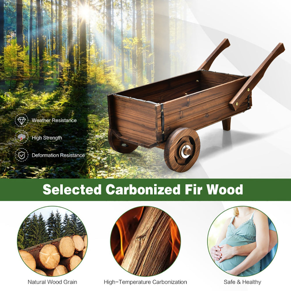 Wooden Wagon Planter Box With Wheels Handles And Drainage Hole - URBAN METRO