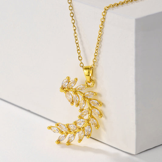1pcsFashionable Sparkling Zircon Leaf Pendant Necklace, Imitation Diamond Wheat Ear Leaf Collarbone Chain, Suitable For Women's Daily Holiday Wear, Engagement Jewelry - URBAN METRO