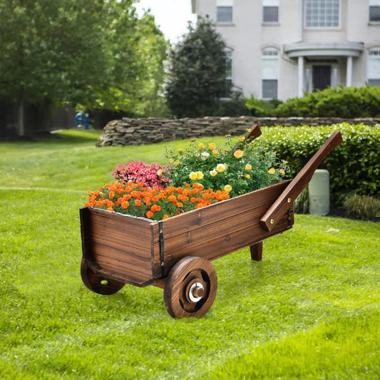 Wooden Wagon Planter Box With Wheels Handles And Drainage Hole - URBAN METRO