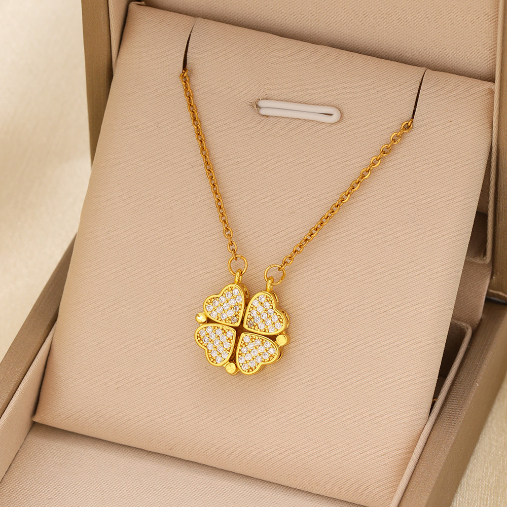 1pcs Fashionable Zircon Heart-shaped Necklace With A Magnetic Folding Four Leaf Heart-shaped Connection, Suitable For Women's Daily Wear And Jewelry Pairing For Dinner Parties - URBAN METRO