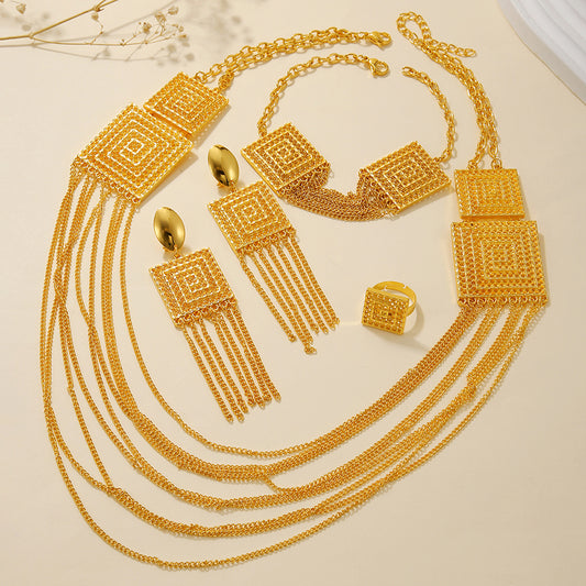 5pcs Fashion Ladies 18k Gold Plated Jewelry Set Tassel For Holiday Wear, Wedding Scene Jewelry, Multi-layered Temperament Wedding Jewelry - URBAN METRO